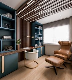 a chair and desk in a room with bookshelves