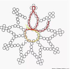 a snowflake made out of circles on a white background with red and yellow lines