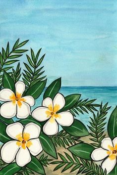 a painting of white flowers and green leaves on the beach with blue sky in the background