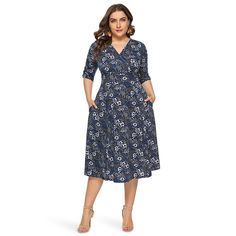 ZEZCLO Plus Size V-neck Cropped Sleeves Plant Print Big Hem Dress - Slate Blue - 5P47050012 - Women's Clothing, Plus Size Women's Clothing  #PlusSizeWomensClothing #Women's #Clothing # #Plus #Size #Women's #Clothing Printed Dresses Fashion, Three Quarter Sleeve Dresses, Dress Party Night, V Neck Midi Dress, Dress Xl, Long Sleeve Bodycon, Pocket Dress, Floral Midi Dress, Types Of Skirts