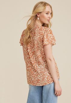 Atwood Flutter Sleeve Blouse - Materials & Care:imported - 100% polyester - machine wash Casual Printed Blouse With Butterfly Sleeves, Brown Flowy Tops For Spring, Feminine Brown Tops For Spring, Casual Butterfly Sleeve Blouse For Fall, Flowy Brown Top For Spring, Ruffle Sleeve Printed Top For Brunch, Chic Spring All Over Print Tops, Chic All Over Print Spring Tops, Chic Spring Tops With All Over Print