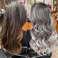 Hair With Silver Highlights, Transitioning To Gray Hair, Brown Hair With Silver Highlights, Grey Balayage, Ash Grey Hair, Grey Blending, Jack Martin, Gray Balayage