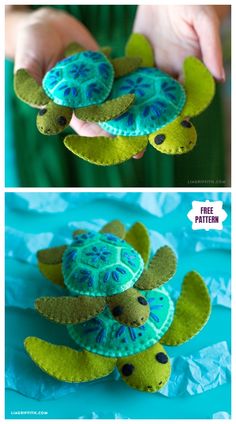 two pictures showing how to make a turtle out of felt