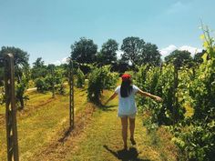 a woman standing in the middle of a field holding her arms out to the side