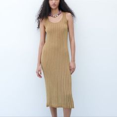 Rib Knit Dress Zara Printed Dress, Bronze Dress, Rib Knit Dress, Zara Midi Dress, Strappy Midi Dress, Flowy Midi Dress, Sleeveless Knit Dress, Black Knit Dress, Ribbed Knit Dress