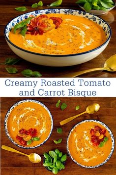 creamy roasted tomato and carrot bisque is the perfect side dish to warm up on a cold day