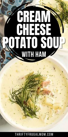 two bowls of cream cheese potato soup with ham and dill garnishes