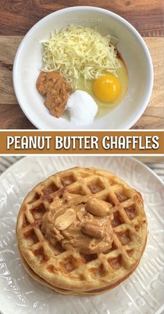 two pictures with different types of food on them and the words peanut butter waffles