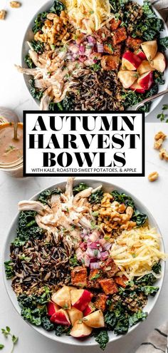 two plates filled with different types of food and the words autumn harvest bowls above them