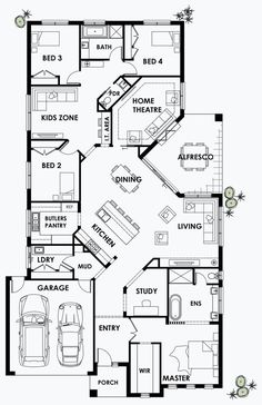 the floor plan for a two story house with three car garages and living areas