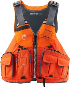 an orange life jacket with two pockets and zippers on the chest, attached to a white background