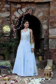 Featuring here powder blue halter neck anarkali Set with mirror, bead,cutdana zari work paired with net dupatta. Fabric - Silk and net Components - 2 Colour - Powder Blue Embroidery details - Hand Embroidery Delivery time - 2-3 weeks Washing Instructions - Dry-clean Blue Maxi Lehenga With Mirror Work, Light Blue Floor-length Anarkali Set, Light Blue Semi-stitched Anarkali Dress, Blue Floor-length Dress With Mirror Work, Light Blue Semi-stitched Dress For Reception, Semi-stitched Light Blue Dress For Reception, Light Blue Floor-length Anarkali Set With Dupatta, Light Blue Floor-length Anarkali Set For Festive Occasions, Light Blue Reception Dress With Resham Embroidery