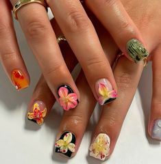 Nails Design 3d, Press On Nails Design, Orchid Nails, 3d Flower Nails, Gel Set, Floral Nail Designs, Short Square Acrylic Nails, Air Brush, Square Acrylic Nails