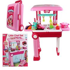 a pink toy kitchen set with accessories and instructions for cooking food on the stove top