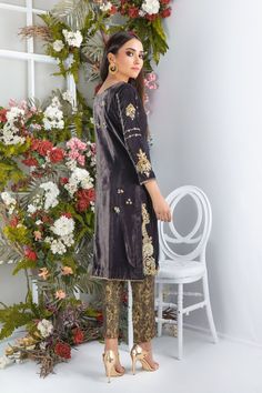 Pakistani Designer Online | Sarosh Salman | Luxury Pret & Wedding Wear Elegant Velvet Kurta With Mirror Work, Party Wear Long Sleeve Kurta With Mirror Work, Party Wear Kurta With Mirror Work, Long Sleeve Party Wear Kurta With Mirror Work, Party Wear Embroidered Straight Kurta, Embroidered Straight Kurta For Party, Gold Party Wear Kurta With Dabka, Party Velvet Kurta With Mirror Work, Party Velvet Embroidered Kurta