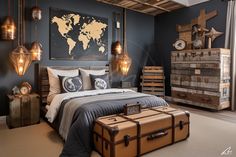 a bed room with a neatly made bed and suitcases