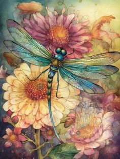 a painting of a dragonfly sitting on top of some pink and yellow daisies