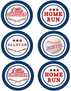 four different badges with the words home run, all star, and baseball on them