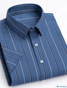 OrcaJump - Mens Striped Short-Sleeve Dress Shirt - Designer Business Formal Clothing for Weddings, Work, etc. - Blue- Wedding Tops, Mens Striped Shorts, Formal Clothing, Wedding Top, Short Sleeve Dress Shirt, Mens Stripes, Work Party, Business Formal, Wet And Dry