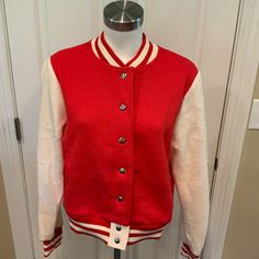 Women's Jacket By Hot & Delicious, Nwt! Us Size: Small Measurements: Chest: 43" Length (Neckline To Hemline): 20.5" Length Of Sleeve (Shoulder To End Of Sleeve): 24.5" * Red & White Varsity Jacket * White Long Sleeve * Front Snap Closure * Unlined * Front Pockets * Red & White Striped Neckline, Cuff & Waistband * Long Sleeve Material: 100% Cotton. Please Let Me Know If You Have Any Additional Questions And Feel Free To Check Out My Other Listings. Thanks! 41961 University Red Long Sleeve Varsity Jacket For Winter, University Red Varsity Outerwear With Long Sleeves, University Red Long Sleeve Varsity Outerwear, White Varsity Jacket, Urban Red Long Sleeve Varsity Jacket, Luxury Red Long Sleeve Varsity Jacket, Racing Jackets, Lined Denim Jacket, Varsity Jackets