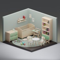 an image of a baby's room with furniture and bookshelves in it