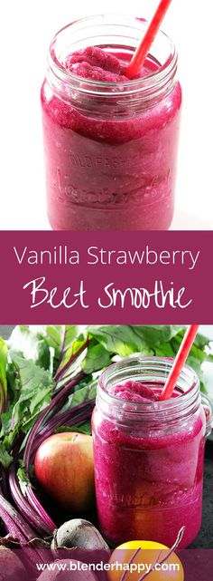 a jar filled with beet smoothie next to some vegetables