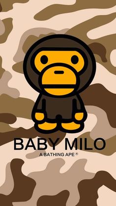 a bathing ape logo on a camo background with the words baby millo above it