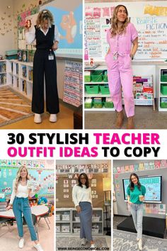 some girls in pink and blue outfits with the words, 30 stylish teacher outfit ideas to copy