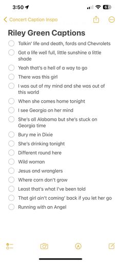 a checklist with the words riley green cotton written in black and yellow on it