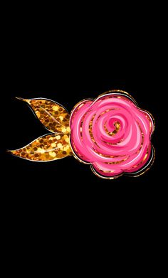 a pink rose with gold leaves on a black background