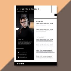 a black and white resume template with an image of a woman in glasses on it