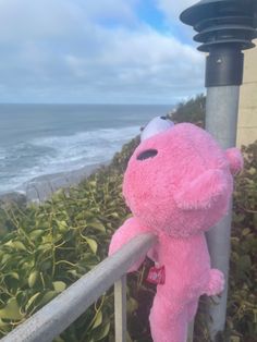 a pink stuffed animal sitting on top of a metal rail next to the ocean and bushes