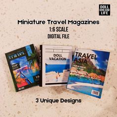 three travel magazines are shown on a table with the title'miniature travel magazines '