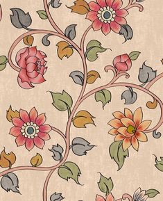 an artistic floral design with leaves and flowers on a beige background, in shades of red, orange, yellow and green