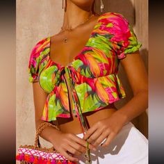 Nwt!!! Shein Green/Pink Tropical Print Tie Front Ruffle Crop Top, Size Small (4). Great Beautiful Summer Top! Great For Vacay, Festivals, Or A Nice Relaxing Day At The Beach - Bust: 33.1” - Length: 17.3” - Sleeve: 8.7” - Bicep: 17.7” - 91% Polyester - 9% Elastane - Machine Wash - Do Not Dry Clean - Wash With The Softest Detergent Offers Welcome Comes From A Smoke Free Home Flirty Pink Beach Tops, Pink Flirty Beach Tops, Flirty Green Summer Tops, Flirty Pink Vacation Tops, Flirty Pink Tops For Vacation, Chic Pink Tropical Print Top, Chic Pink Tops With Tropical Print, Chic Pink Top With Tropical Print, Trendy Pink Tropical Print Top