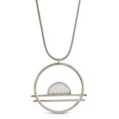 "Inspired by Miami Art Deco Architecture, this modern statement pendant features a shimmery, opalescent Cracked Mother of Pearl stone. 45mm round pendant. Choose your Snake Chain length: 24\", or 30\" Tarnish resistant, heavy 14K Gold over Brass, or Rhodium over Brass" White Round Pendant Necklace With Moon Phase, White Metal Moon Phase Jewelry, Modern Jewelry With Large Round Pendant, Modern Round Large Pendant Jewelry, Modern Circle Necklace With Adjustable Fit, White Metal Necklace With Large Pendant, Nickel-free Moonstone Necklace With Round Pendant, Modern Round Moon Charm Jewelry, Silver Opal Minimalist Necklace