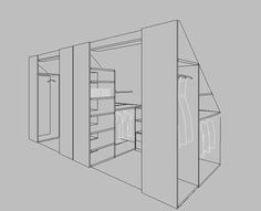 a drawing of an open closet with shelves and drawers on the wall, in front of a gray background