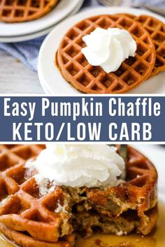 easy pumpkin chaffle keto / low carb waffles with whipped cream on top