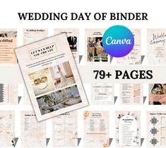 the wedding day of binder is shown with images and text on it, including photos