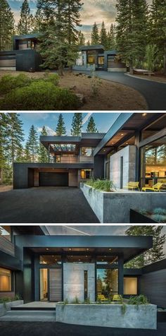 three different views of a modern house in the woods