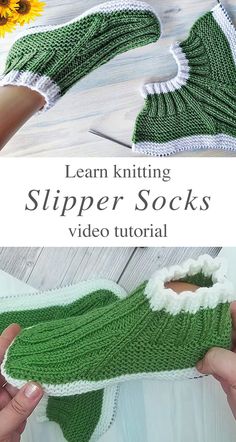 the slipper socks are knitted in green and white yarn, with text overlay that reads learn knitting slipper socks video tutor