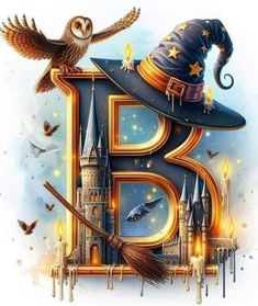 the letter b is decorated with an owl, witch hat and broom