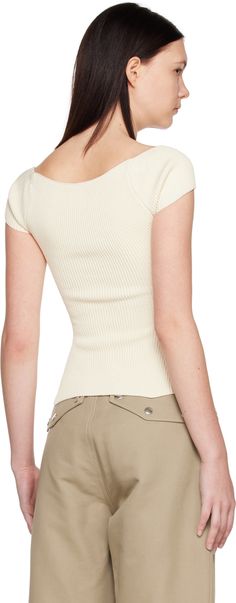 Rib knit viscose-blend T-shirt. · Sweetheart neck · Cap sleeves Supplier color: Ivory Fitted Cream T-shirt With Crew Neck, White Fitted Top With Ribbed Neckline, Fitted Cream Knit Top, Chic Fitted Knit T-shirt, White Fitted Crew Neck Knit Top, Fitted Cream Crew Neck Knit Top, White Fitted Short Sleeve Knit Top, Cream Short Sleeve Knit Top, Fitted Ribbed Cream Top