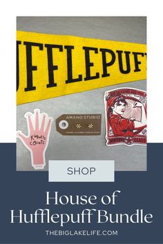 the logo and stickers are on display in front of a yellow banner that says house of