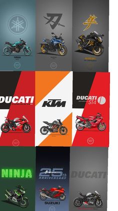 several different types of motorcycles are shown in this graphic art printable poster, which includes the names and colors of each motorcycle