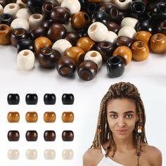 a woman with dreadlocks standing in front of a pile of fake pipe beads