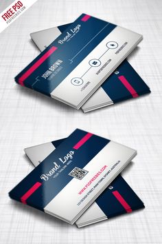 two business cards with red, white and blue stripes on the bottom one has an image of