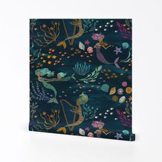 an image of mermaids in the ocean with stars and bubbles on blue background canvas wall art print