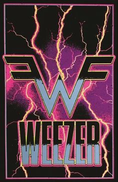 a poster with the word weezer on it and lightning in the sky behind it