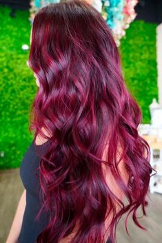 Dark Red Hair Color Burgundy Wine Highlights, Red Burgandy Hair Balayage, Pink Bayalage, Mulberry Hair Color, Cherry Wine Hair Color, Scarlet Red Hair, Mulberry Hair, Magenta Red Hair, Flirty Hairstyles